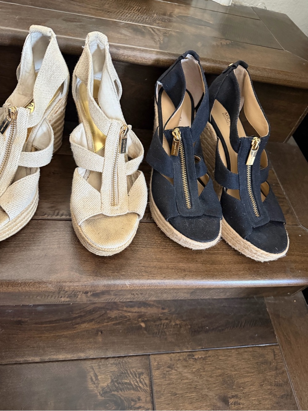 MICHAEL Michael Kors Black and Cream Espadrille Wedge Sandals with Front Zipper